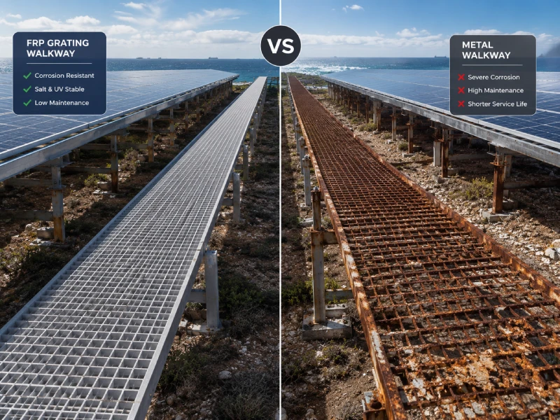 Por qué la rejilla de FRP es el mejor material para pasarelas de operación y mantenimiento fotovoltaicos (rejilla solar de FRP frente a metal)