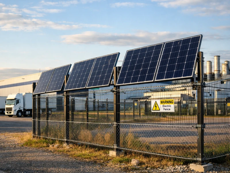 Commercial solar fence installation in industrial facility generating renewable energy
