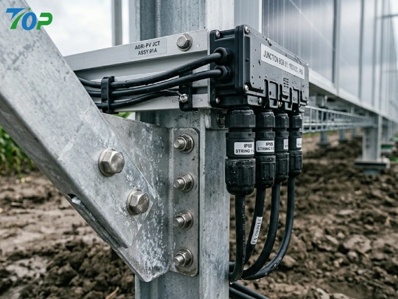 Macro detail of SUS304 stainless steel fasteners and waterproof cable routing in vertical agrivoltaic mounting system.