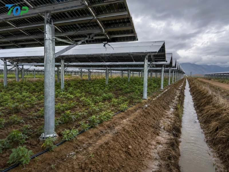 Elevated agricultural solar mounting system controlling soil moisture and drainage in utility-scale farmland